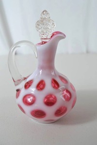 lot 2 image: Vintage Fenton Cranberry Opalescent Glass Cruet with Clear Stopper