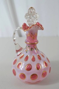 lot 6 image: Fenton Victorian-Style Cranberry Glass Cruet with Ruffled Rim and Stopper