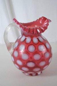 lot 7 image: Vintage Fenton Cranberry Opalescent Coin Dot Glass Pitcher