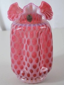 lot 8 image: Fenton Cranberry Opalescent Coin Dot Glass Vase, 9 Inch