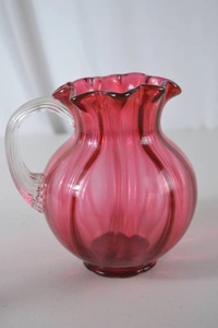 lot 12 image: Vintage Fenton Cranberry Glass Pitcher with Ruffled Rim