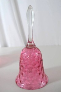 lot 15 image: Vintage Fenton Pink Hobnail Art Glass Bell Clear Handle 6.5 in