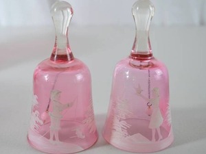 lot 16 image: Pair of Pink Mary Gregory Satin Glass Handpainted Figural Bells