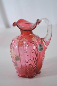 lot 18 image: Fenton Cranberry Art Glass Handpainted Pitcher 6 Inch