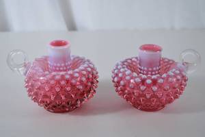 lot 32 image: Pair Ruby Fenton Hobnail Art Glass Candle Holders, 3.5 x 4.5