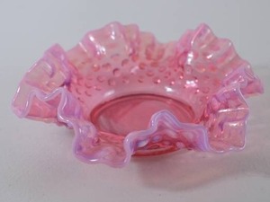 lot 34 image: Fenton Pink Opalescent Glass Hobnail Bowl, Ruffled Edge, 6 Inch