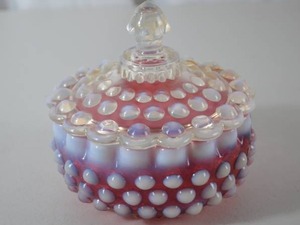 lot 35 image: Fenton Victorian Cranberry Opalescent Hobnail Covered Candy Dish
