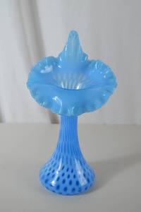lot 37 image: Fenton Vintage blue ruffled art glass vase, hobnail opalescent, 12 in
