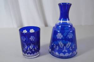 lot 38 image: Bohemia Cobalt Blue Glass Carafe and Tumbler with Floral Etching