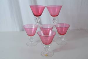 lot 42 image: Set of 6 Theresienthal Pink Stemmed Glasses, Clear Base, Spain Marked