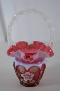 lot 55 image: Fenton Open-Heart Arches Cranberry Opalescent Art Glass Basket