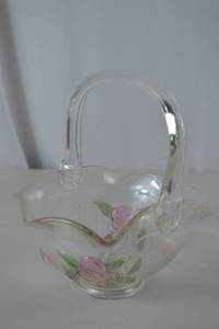 lot 59 image: Vintage Glass Basket with Hand-Painted Floral Design