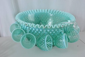lot 61 image: Aqua Blue Fenton Hobnail Glass Punch Bowl Set with 12 Cups & Clear Ladle