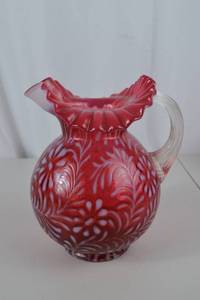 lot 65 image: Fenton Victorian Cranberry Art Glass Pitcher with Ruffled Rim, 9 Inch Tall
