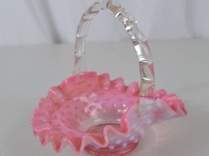lot 75 image: Vintage Fenton Pink Opalescent Hobnail Glass Basket with Clear Handle