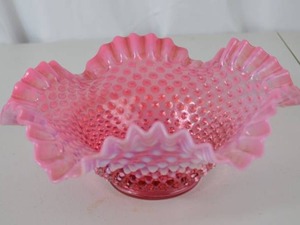 lot 78 image: Victorian Fenton Hobnail Cranberry Opalescent Glass Ruffled Bowl