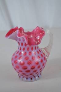 lot 82 image: Victorian Fenton Cranberry Opalescent Coin Dot Glass Pitcher 6in