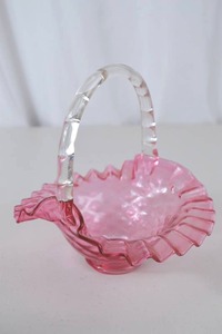 lot 88 image: Fenton Pink Ruffled Glass Basket with Clear Handle, 8 Inch Height