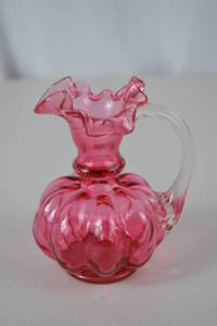 lot 95 image: Vintage Fenton Cranberry Art Glass Ruffled Pitcher, 5 Inches Tall