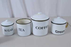 lot 102 image: Set of 4 Vintage White Enamel Canisters - Coffee, Tea, Sugar, Cream