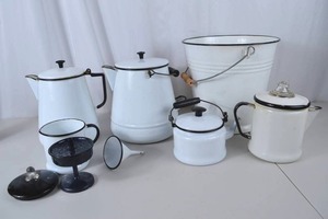lot 103 image: Lot of Vintage White Enamelware Kitchen Items