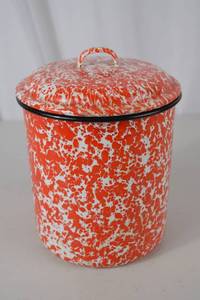 lot 104 image: Vintage Red and White Enamelware Canister with Lid, 10 in Tall