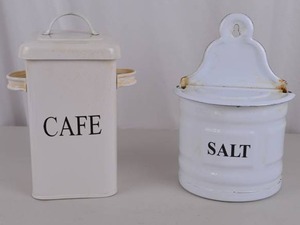 lot 113 image: Vintage Enamel Salt and Cafe Kitchen Canisters - 2 Pieces