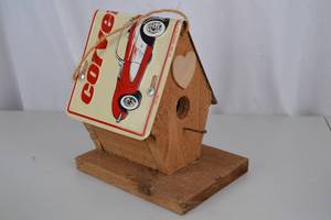 lot 114 image: Rustic Wooden Birdhouse with Vintage Corvette Accent, 10 In.