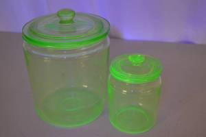 lot 115 image: Pair of Vintage Uranium Glass Canisters with Lids