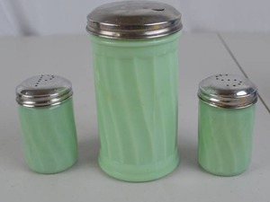 lot 140 image: Vintage Green Glass Shaker Set - Salt, Pepper, and Sugar Dispenser