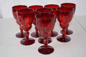 lot 176 image: 8 New Martinsville Moon Drops Ruby Red Goblets, 1932-1940