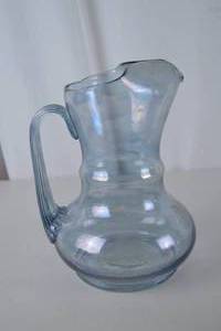 lot 215 image: Antique Hand-Blown Blue Glass Pitcher, 9 Inch