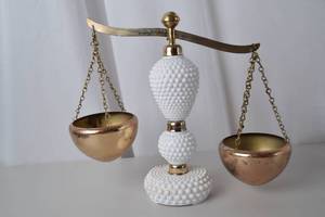lot 224 image: Vintage Decorative Balance Scale with Hobnail Milk Glass and Brass