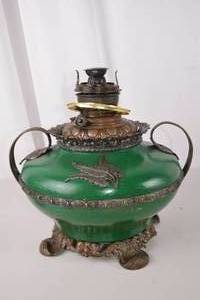 lot 227 image: Antique Victorian Green Glass Oil Lamp with Ornate Metal Base