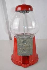 lot 231 image: Vintage Red Metal and Glass Gumball Machine, 15 Inches Tall