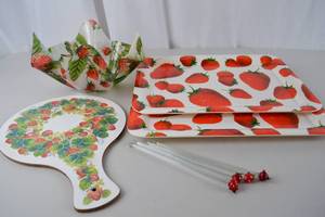 lot 232 image: Strawberry Print Serving Lot - Trays, Bowl, Cutting Board, Swizzle Sticks