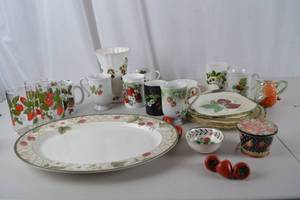 lot 240 image: Assorted Strawberry Motif Dishware Lot - Glasses, Mugs, Plates & More (20 Pieces)