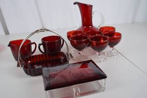 lot 246 image: Vintage Ruby Red Glassware Lot - Pitcher, Goblets, Serving Pieces (13)