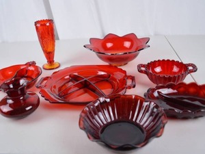 lot 247 image: Assorted Red Glass Serving and Tableware Lot (8 Pieces)
