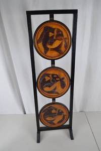 lot 252 image: Carved Wood 3-Tier Folding Stand with Fish Motif, 32 Inches Tall
