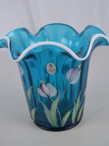 lot 261 image: Fenton Art Glass Handpainted Blue Flower Vase, 8 in