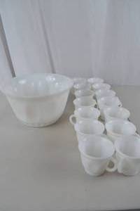 lot 265 image: White Milk Glass Punch Bowl and 12 Cups Set