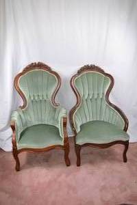 lot 269 image: Pair of Victorian-Style Carved Wood Parlor Chairs, Green Upholstery
