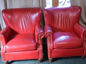 lot 305 image: Pair of Red Leather Club Chairs with Brass Nailhead Trim
