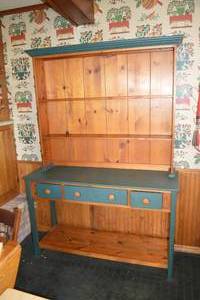 lot 310 image: Farmhouse Style Pine Kitchen Hutch with Green Accents, 78 in. Tall