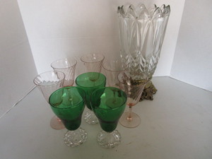 lot 134 image: Lead crystal vase, three green 6 g...