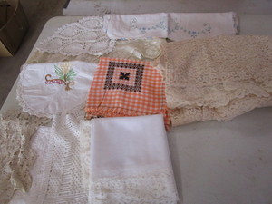 lot 142 image: Fancy linens with embroidered, croc...