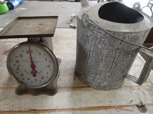 lot 157 image: Vintage kitchen scale & watering ca...