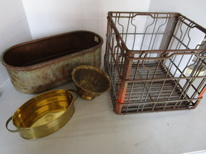 lot 184 image: Copper planter 17L, metal milk cra...