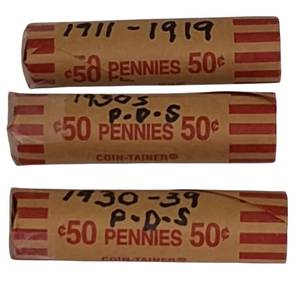 lot 57 image: Old Lincoln Lot (1911-1939) containing 241 coins in three rolls.